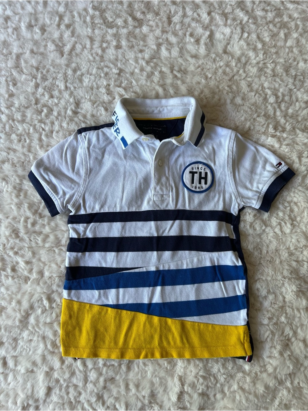 Tommy Hilfiger White Polo with Navy, Blue & Yellow Stripes